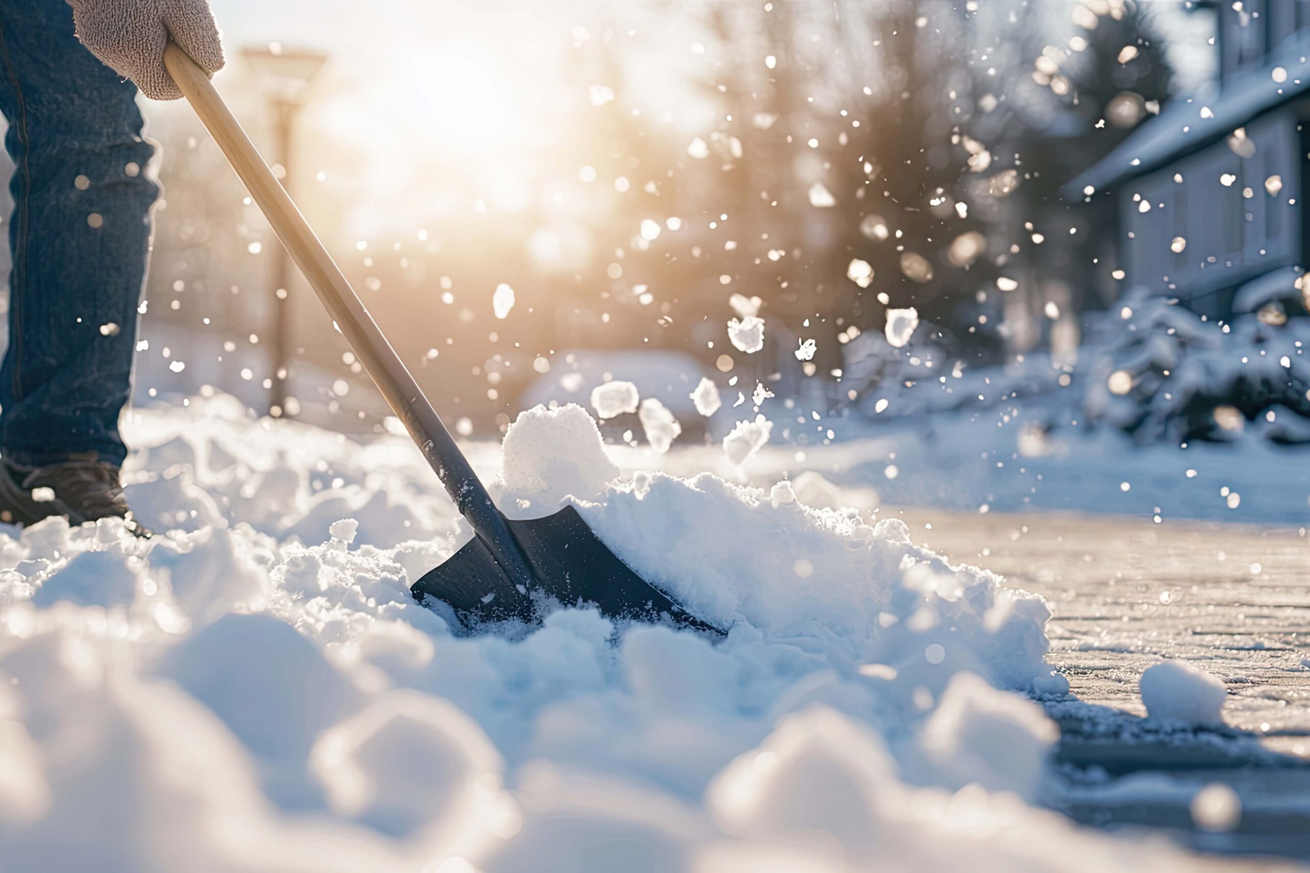 Person shoveling snow from a walkway as sunlight glistens on freshly fallen snow, creating a peaceful winter scene in a quiet neighborhood.